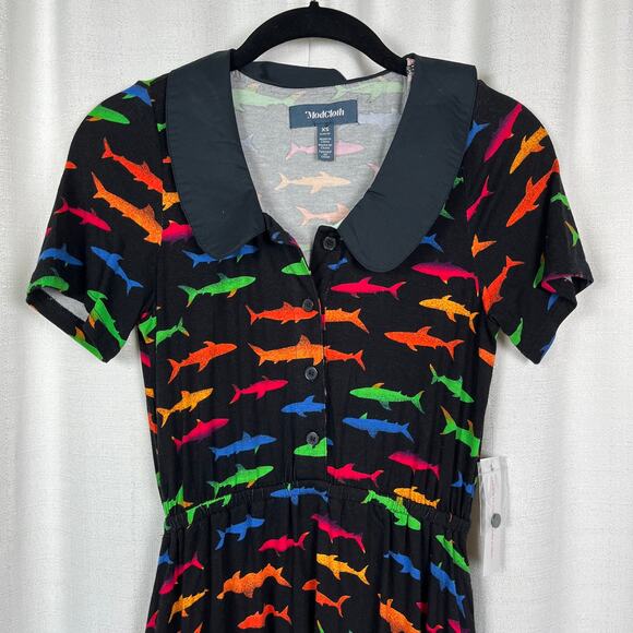 ModCloth Black&Rainbow Multi Sweet Shiver Of Sharks Collared Dress Sz.XS NWT - Picture 3 of 12